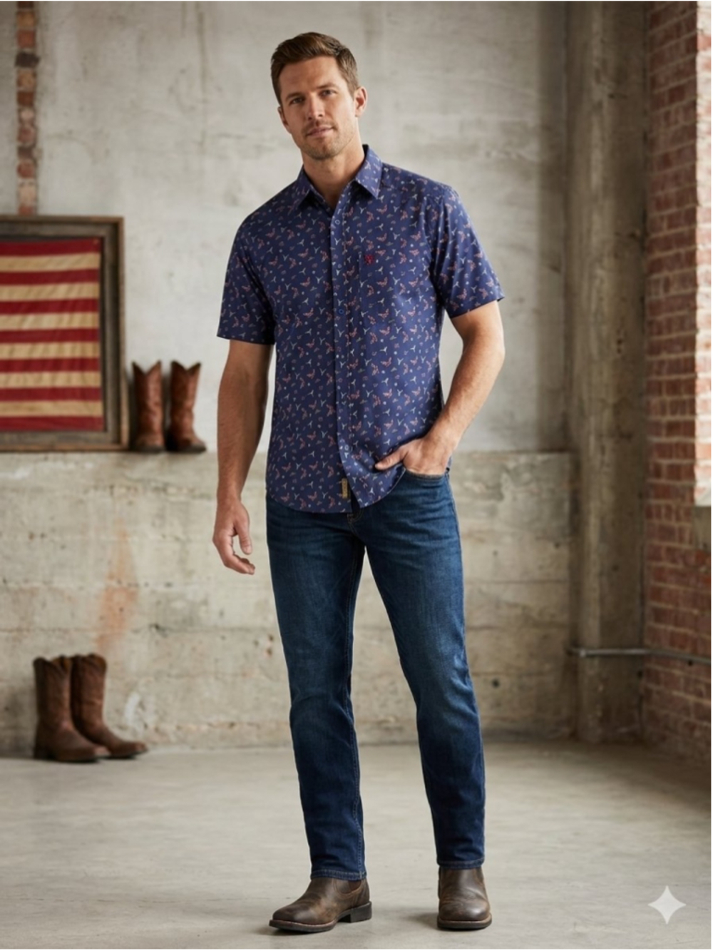 Men's Ariat Casual Button Down Shirt Size M Blue Red Patriotic Print